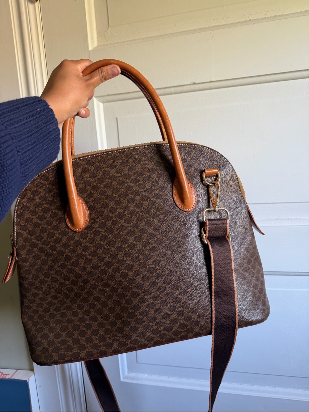 Vintage Celine Brown Macadam Dome Satchel Handbag with Tan Leather Handles